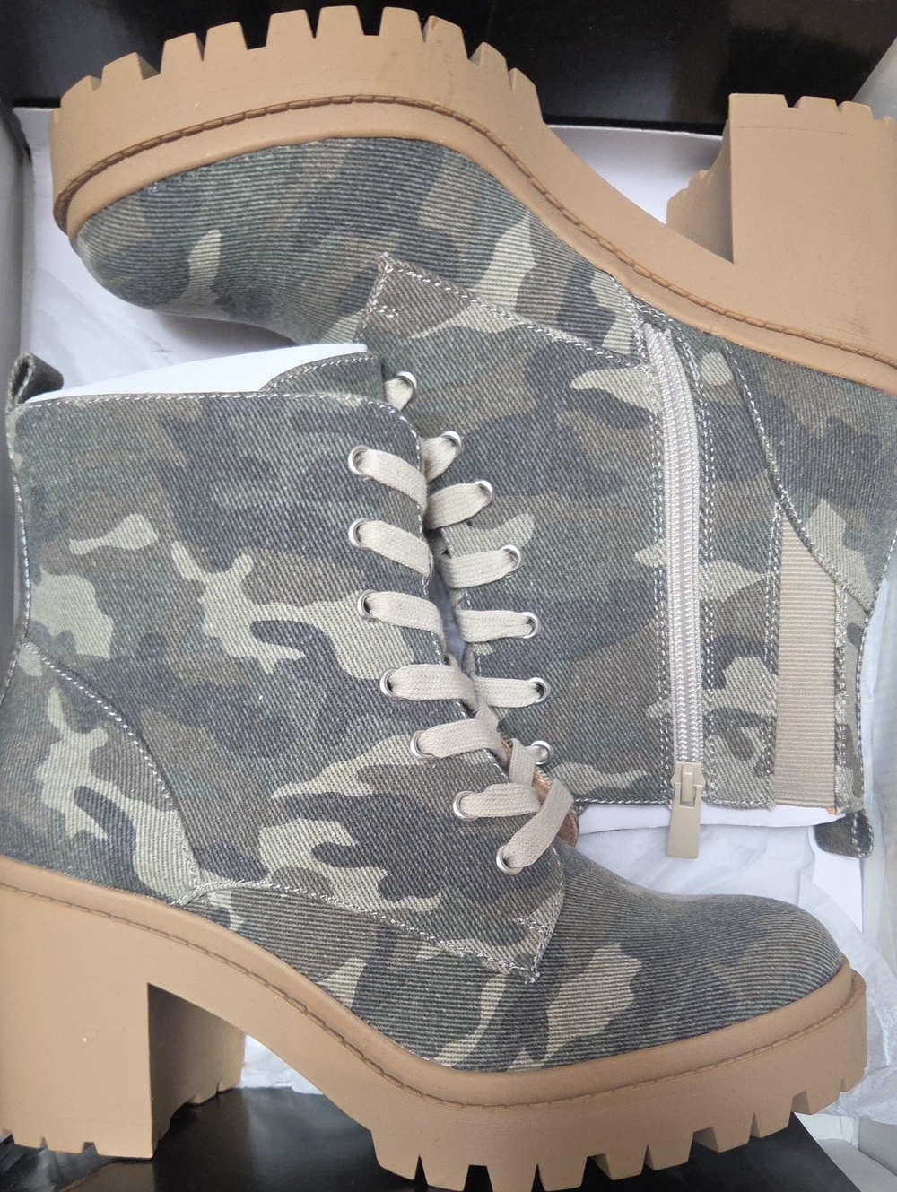 torrid Camouflage Lace-Up Block Heel Ankle Boots - Green & Tan